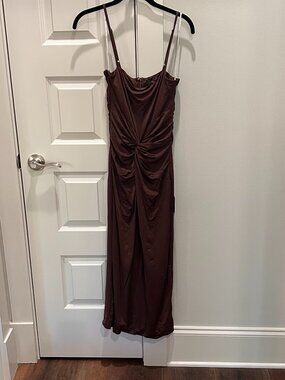Brown Lulus Spaghetti Strap Ruched Midi Dress